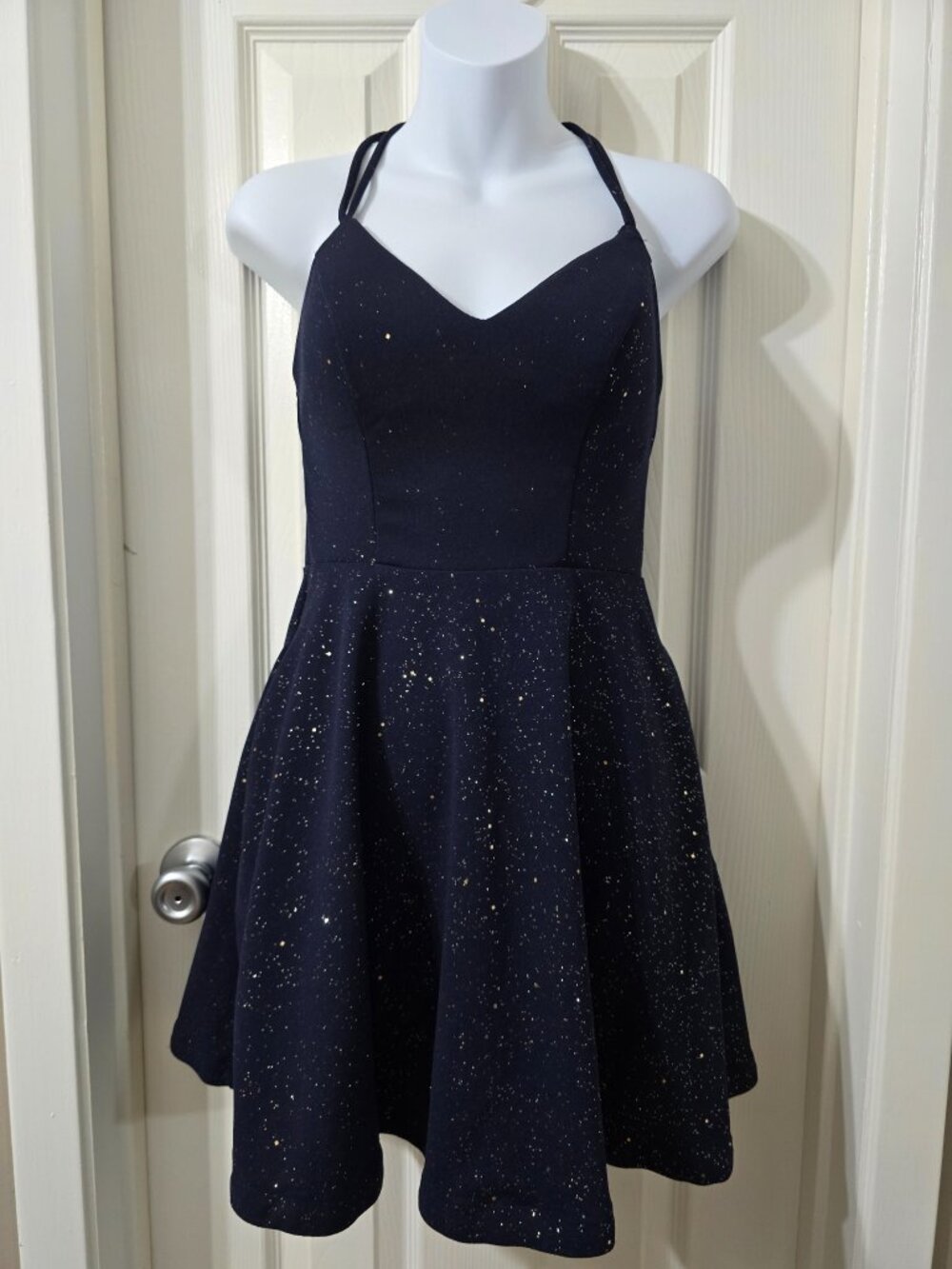 City Studio Navy Gold Sparkle Open Back Fit & Flare Dress Size 3